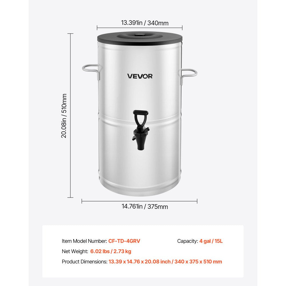 VEVOR Ice Tea Dispenser 4 Gal/15L for Iced Tea Juice Coffee 304 Stainless Steel