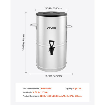 VEVOR Ice Tea Dispenser 4 Gal/15L for Iced Tea Juice Coffee 304 Stainless Steel