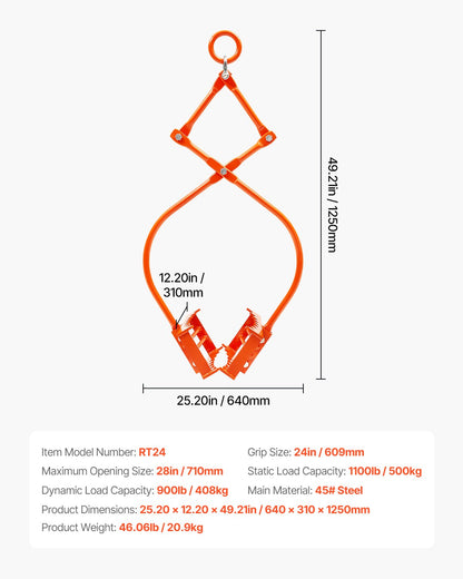 VEVOR 24in Stone Lifting Tongs 2 Claw Steel Rock Tongs Swivel Log Grapple