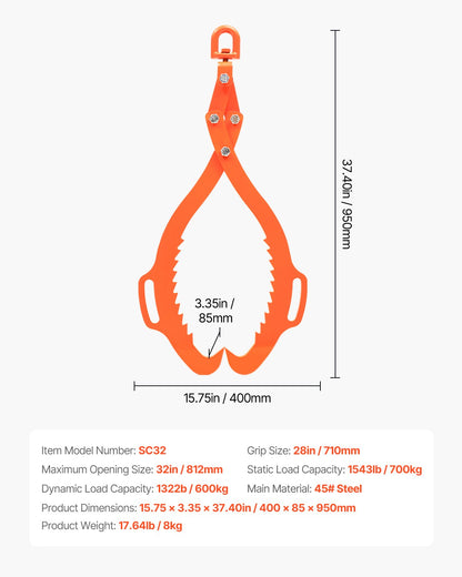 VEVOR 32in Log Lifting Tongs 2 Claw Solid Steel Log Grapple Swivel Log Tools