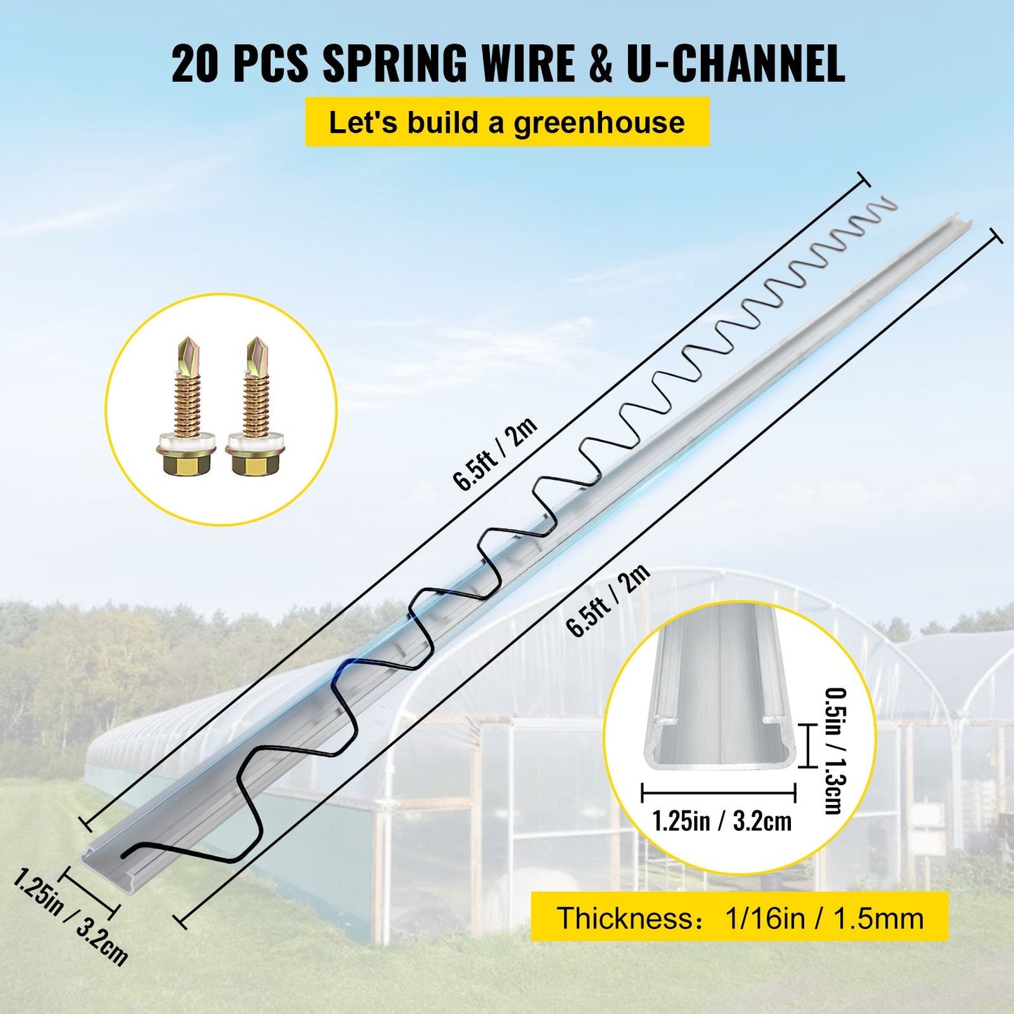 Greenhouse 2m Spring Lock & U-Channel Set for Poly Film Attachment, 20 Pack