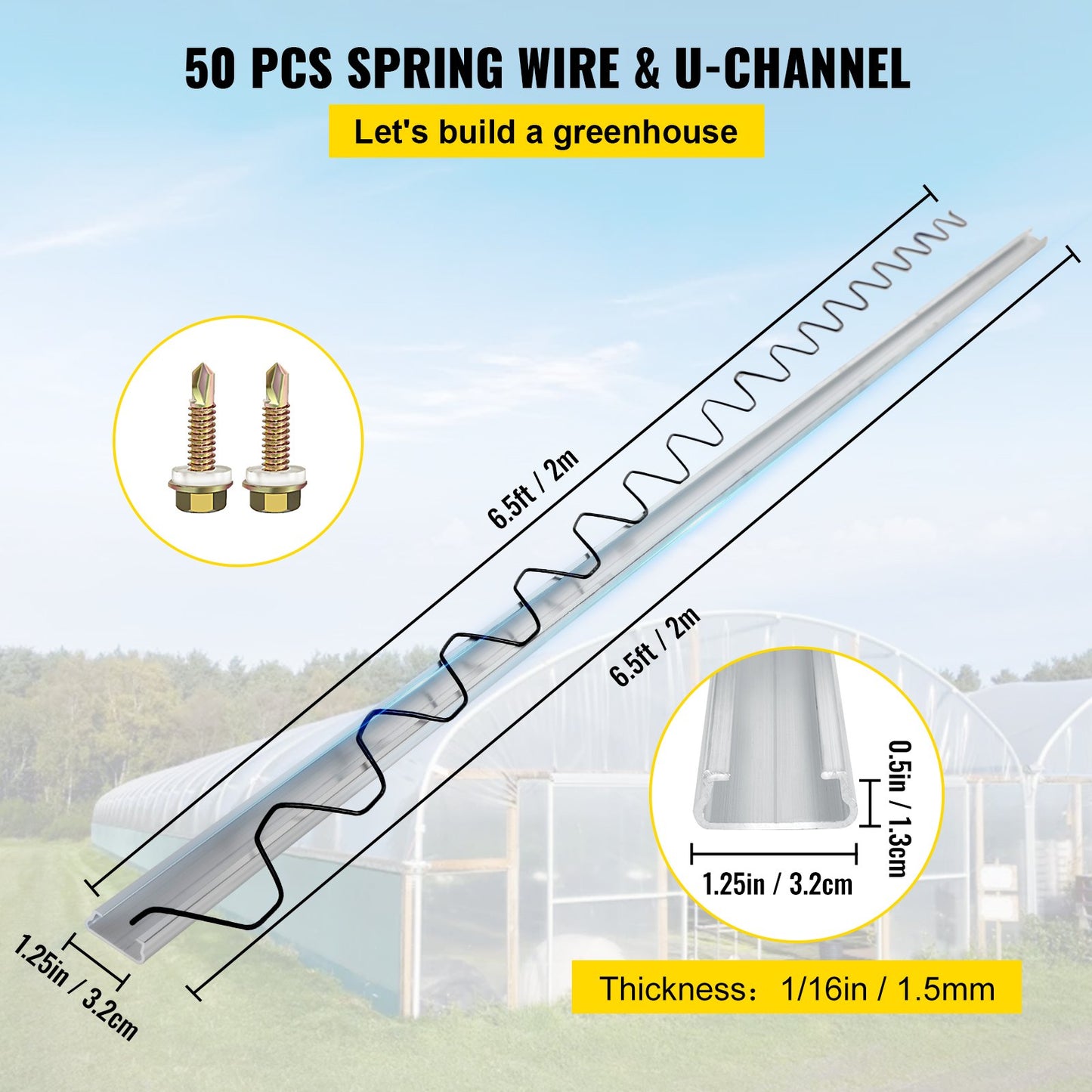 VEVOR Spring Wire and Lock Channel, 2m Spring Lock & U-Channel Bundle for Greenhouse,