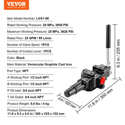 Hydraulic Control Valve 1 Spool 95 L/min, 3626 PSI, 4.3 kg, 0.3m NPT Ports