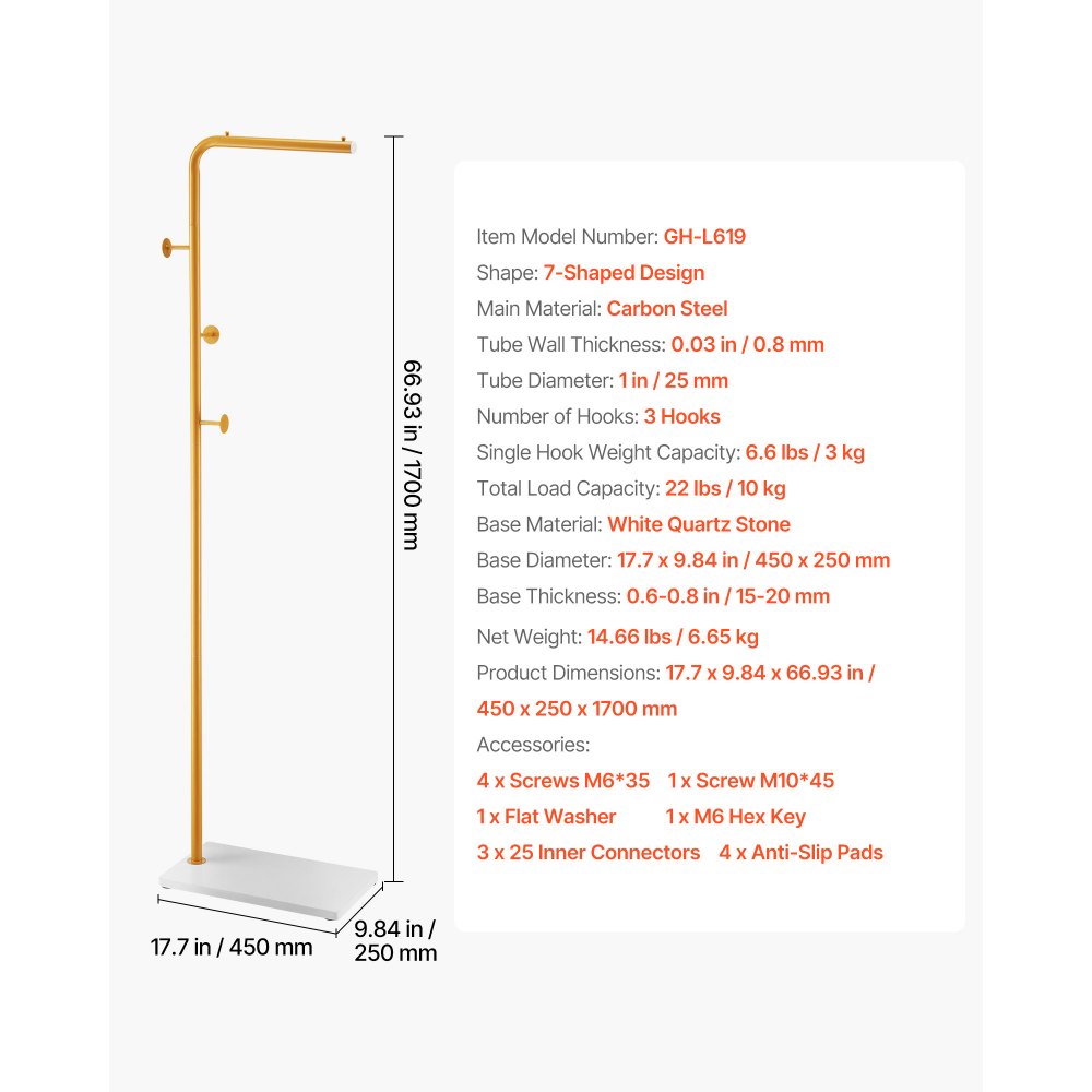 Coat Rack Freestanding Coats Rack with Quartz Stone Base & 3 Round Hooks