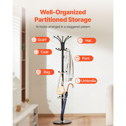 Freestanding Coat Rack Stable Marble Base with Umbrella Holder & 14 Hooks