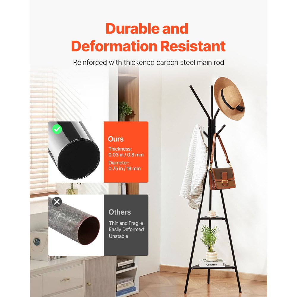 Coat Rack Freestanding Coats Rack Stand with 2 Shelves & 6 Hooks