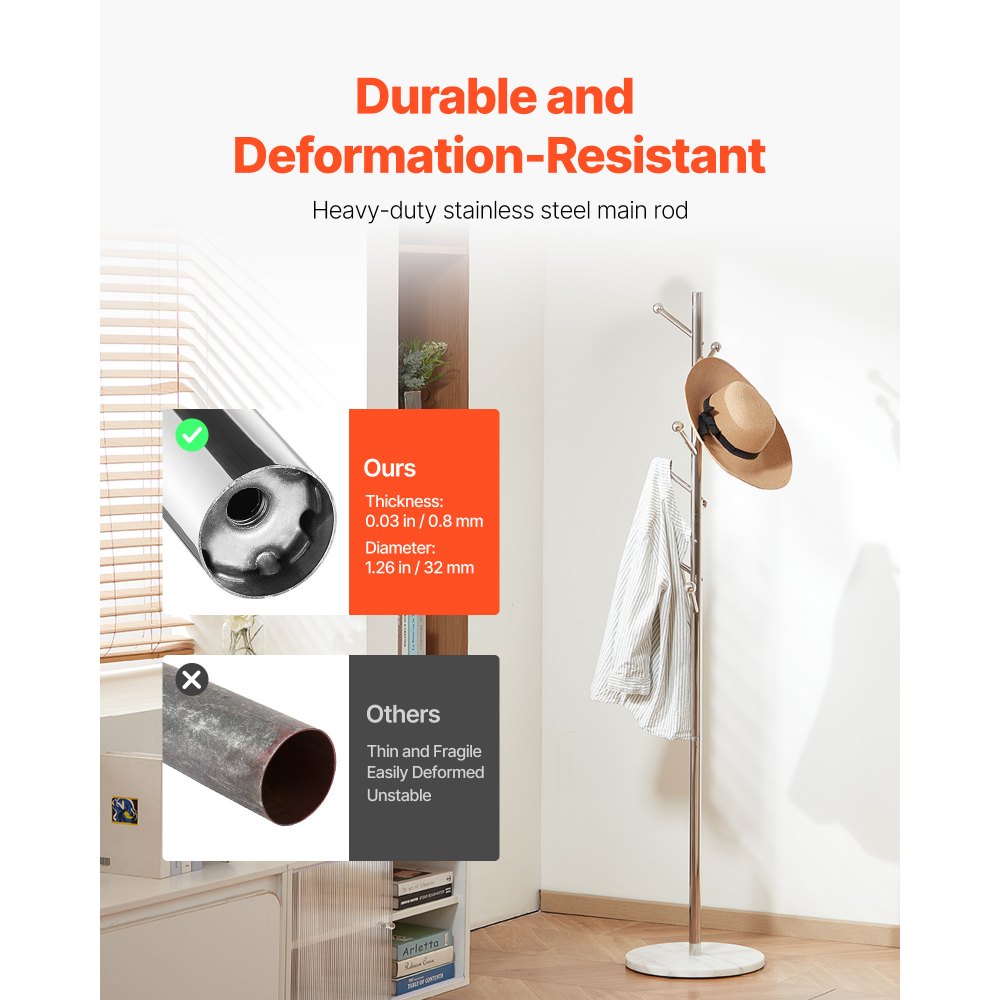 Coat Rack Freestanding Coats Rack Stand with Stable Marble Base & 8 Hooks