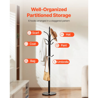 VEVOR Freestanding Coat Rack Coats Tree Stand with Stable Marble Base & 6 Hooks