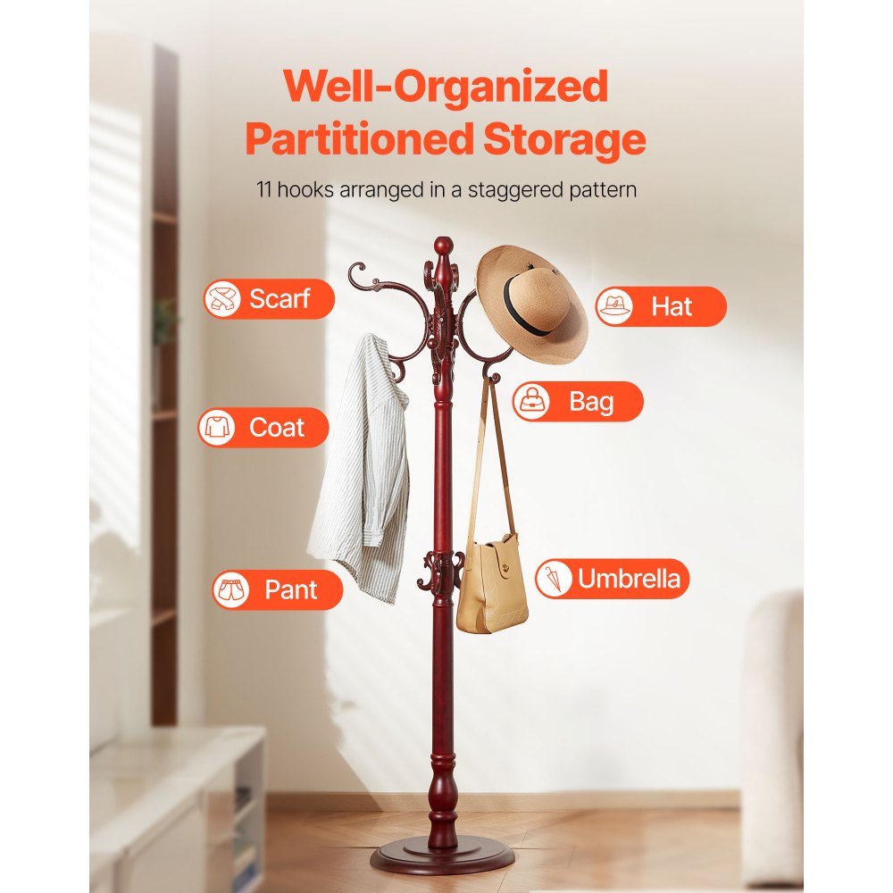 Freestanding Coat Rack Wooden Coat Tree with Stable Large Base & 11 Hooks