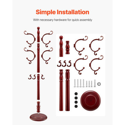 Freestanding Coat Rack Wooden Coat Tree with Stable Large Base & 11 Hooks