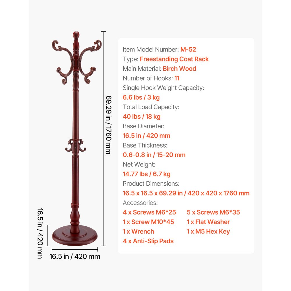 Freestanding Coat Rack Wooden Coat Tree with Stable Large Base & 11 Hooks