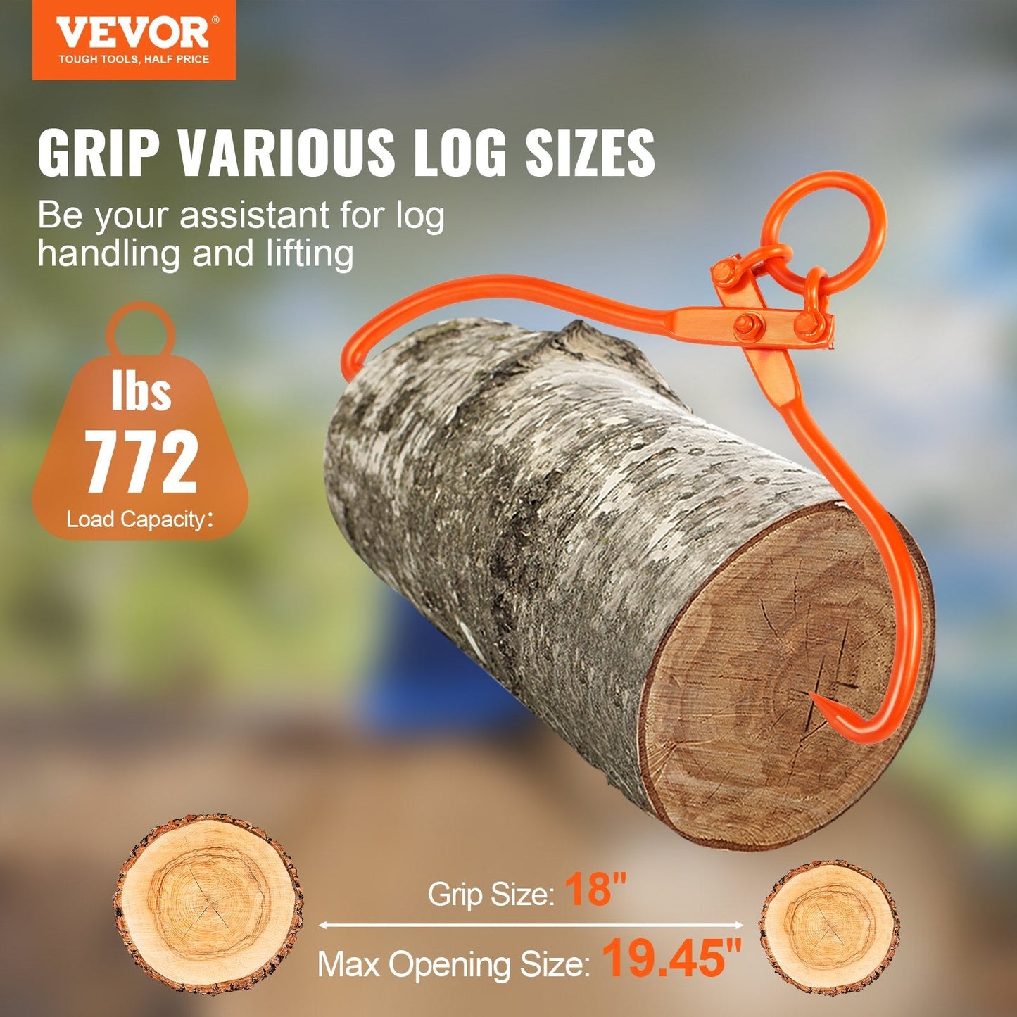 Heavy Duty Log Skidding Tongs, 0.46m Claw, 350kg Capacity, Industrial Strength