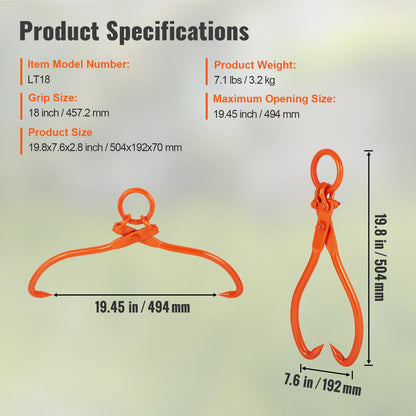 VEVOR Log Skidding Tongs, 18 inch 2 Claw Log Lifting Tongs, Heavy Duty Steel Lumber