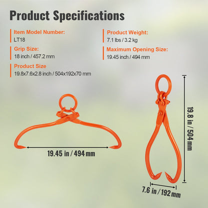 Heavy Duty Log Skidding Tongs, 0.46m Claw, 350kg Capacity, Industrial Strength