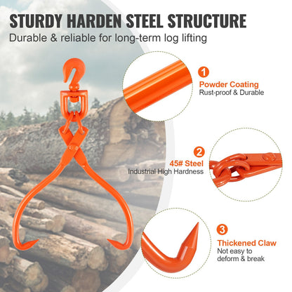 Heavy Duty Steel Log Skidding Tongs, 0.46m, 350kg Capacity, Rotating Claws