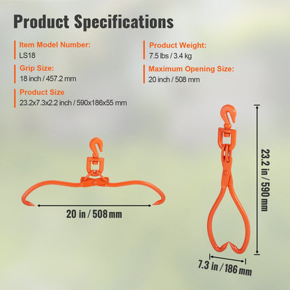 Heavy Duty Steel Log Skidding Tongs, 0.46m, 350kg Capacity, Rotating Claws