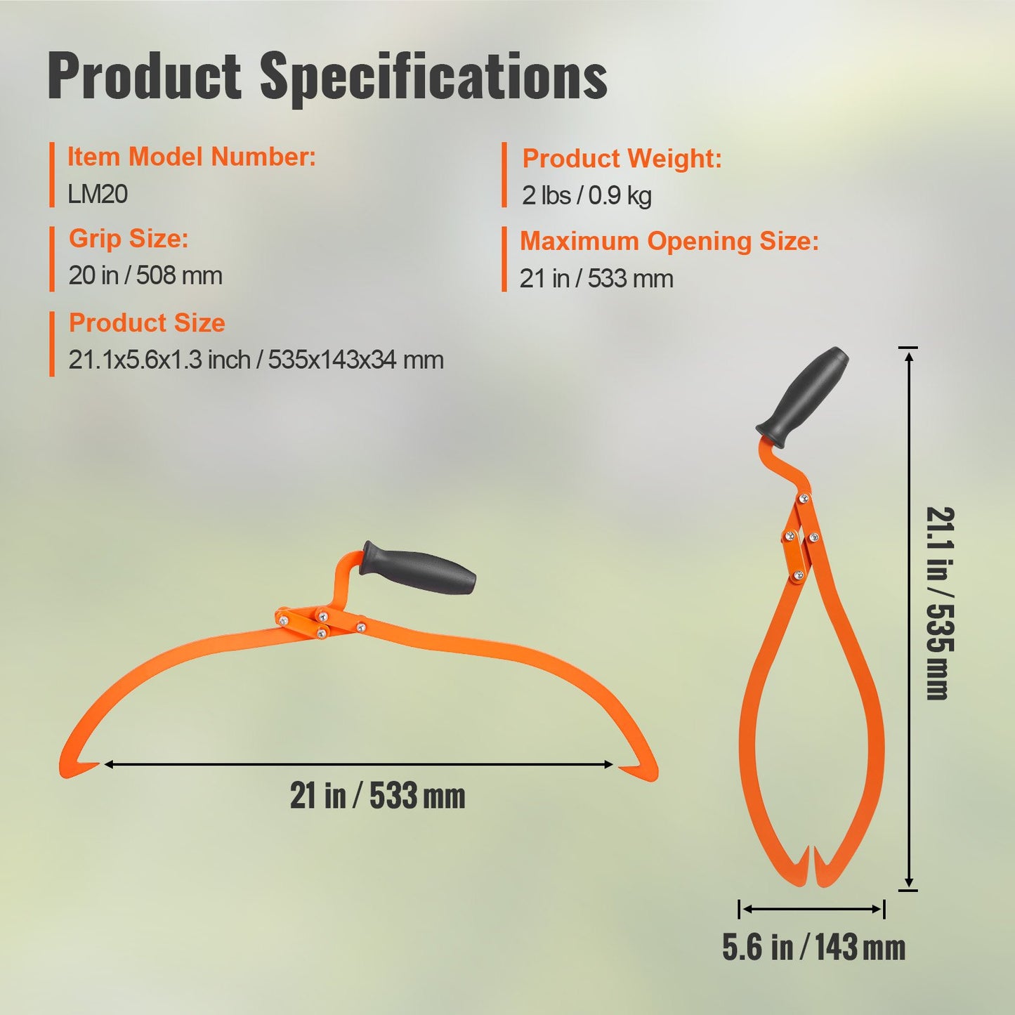 VEVOR Log Tongs, 20 inch 2 Claw Logging Skidding Tongs Non-Slip Grip, Steel Hand