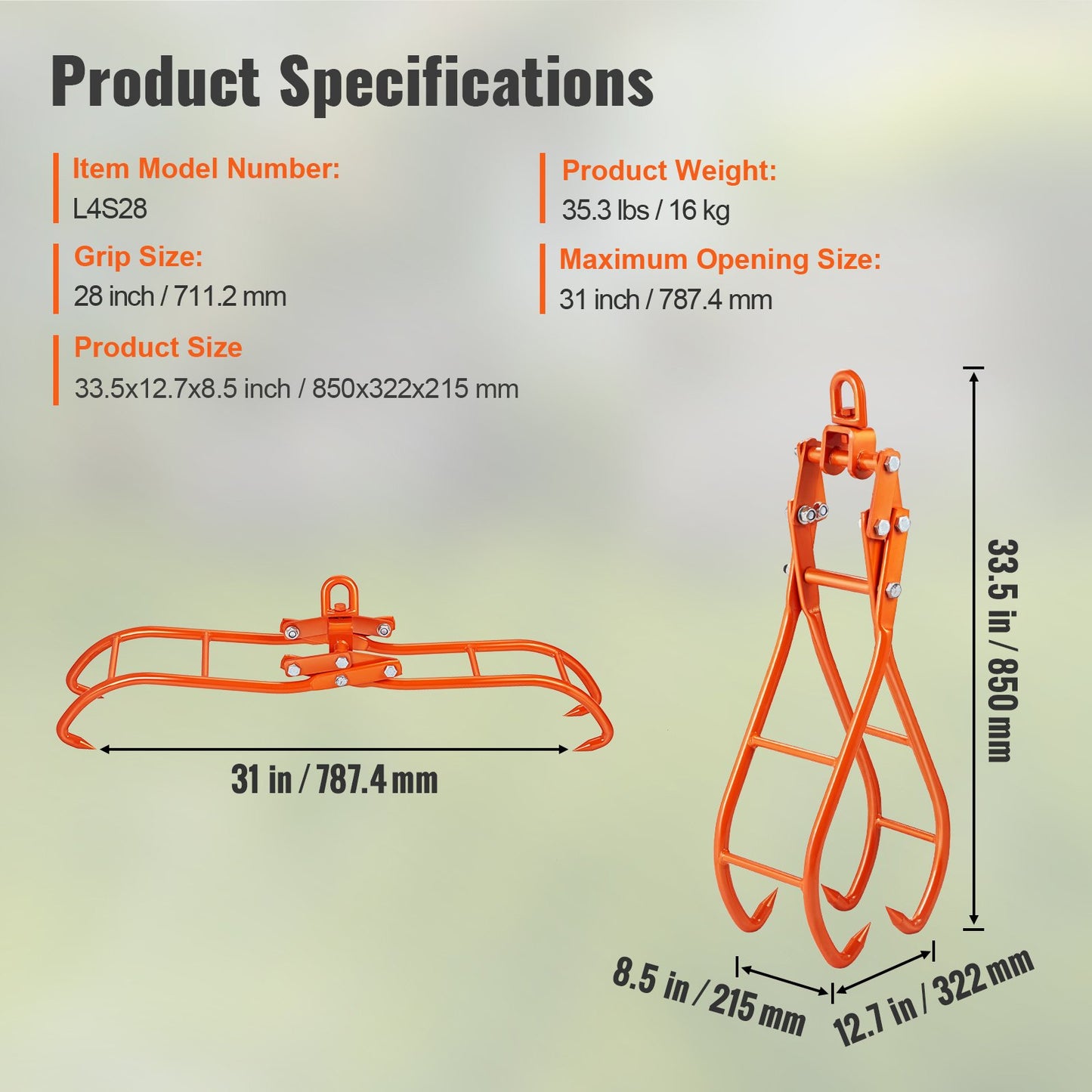 VEVOR Timber Claw Hook, 28 inch 4 Claw Log Grapple for Logging Tongs, Swivel Steel