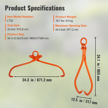 Heavy Duty Steel Log Lifting Tongs, 81.3cm, 700kg Capacity, Industrial Strength