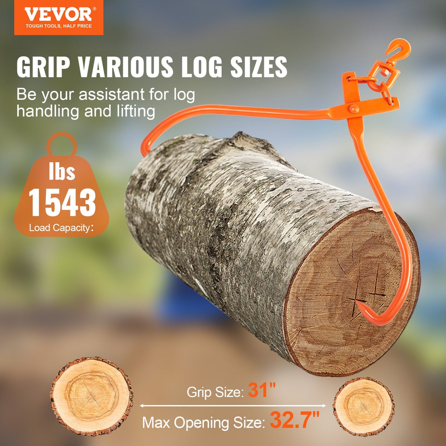 VEVOR Log Skidding Tongs, 81.3cm 2 Claw Log Lifting Tongs, Heavy Duty Rotating Steel