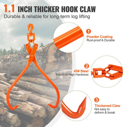 Heavy Duty 81.3cm Steel Log Skidding Tongs, 700kg Capacity, Rotating Claws