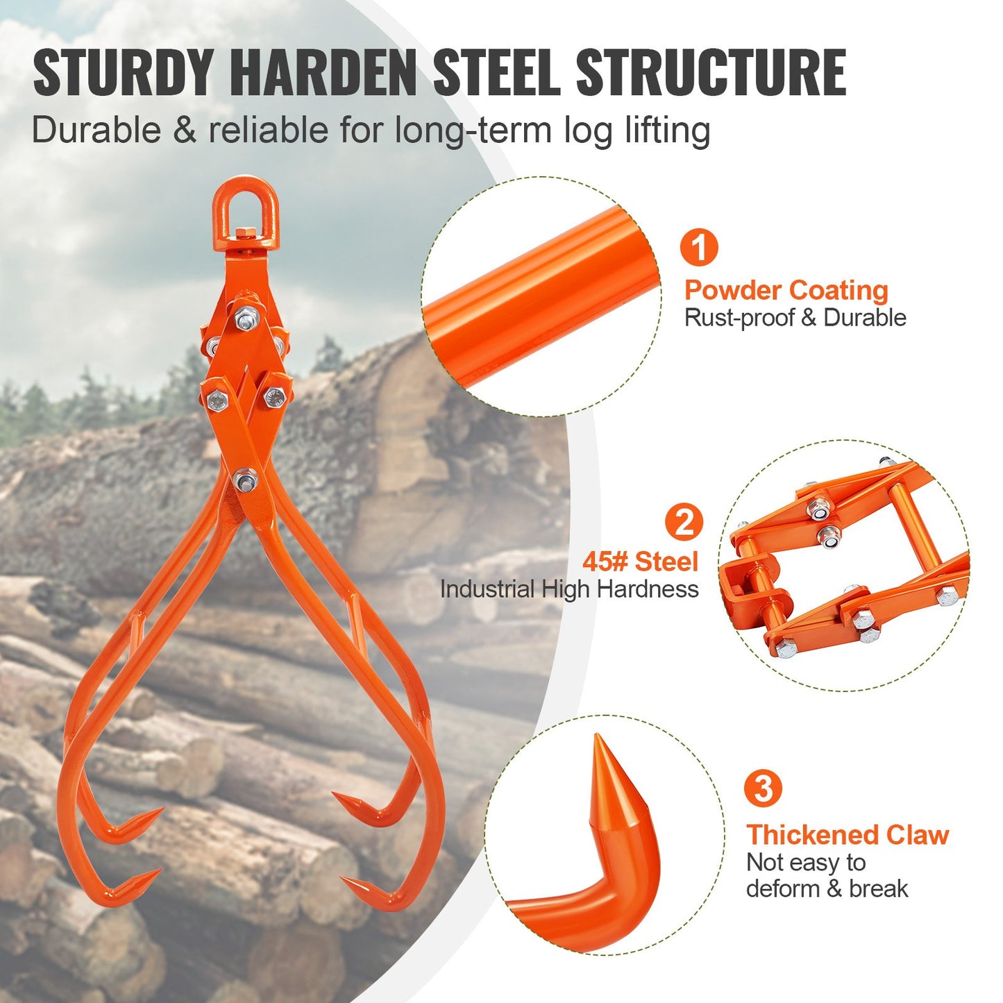 VEVOR Timber Claw Hook, 36 inch 4 Claw Log Grapple for Logging Tongs, Swivel Steel