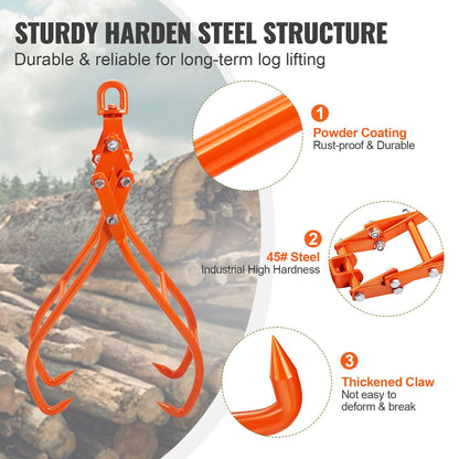 Heavy-Duty 4-Claw Timber Grapple with Swivel Steel for 1500 kg Load Capacity