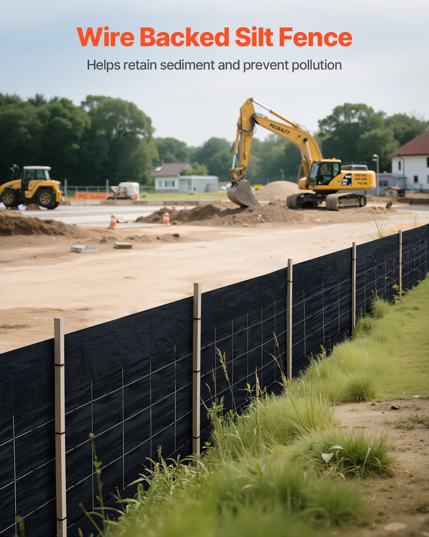 Silt Fence Fabric Rolls, 0.6×30.5 m Backed Wire Silt Fence, Erosion Control Fencing for Sediment Retention, Industrial Grade Temporary Tough Polypropylene Fabric for Construction Job Sites