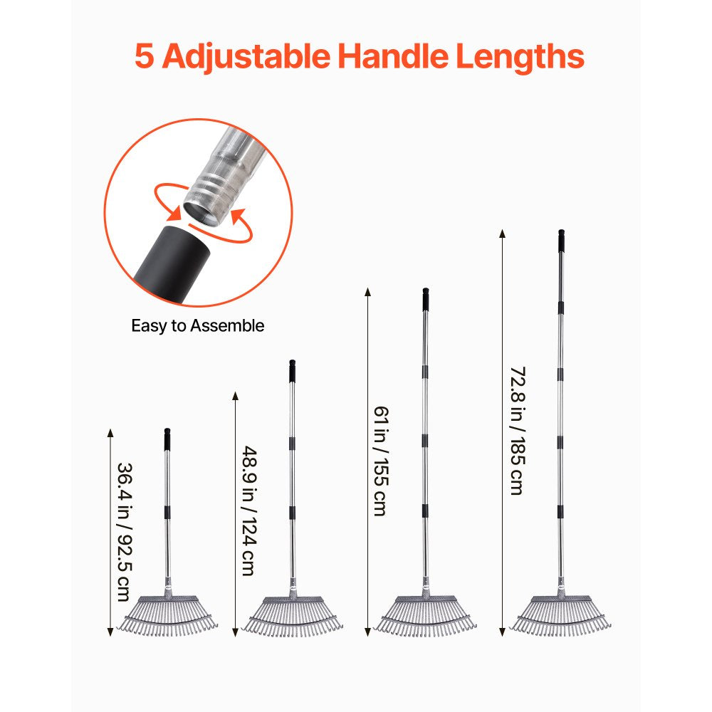 Leaf Rake Steel Garden Rake 25-Tine 92.5-185 cm Adjustable Long Handle