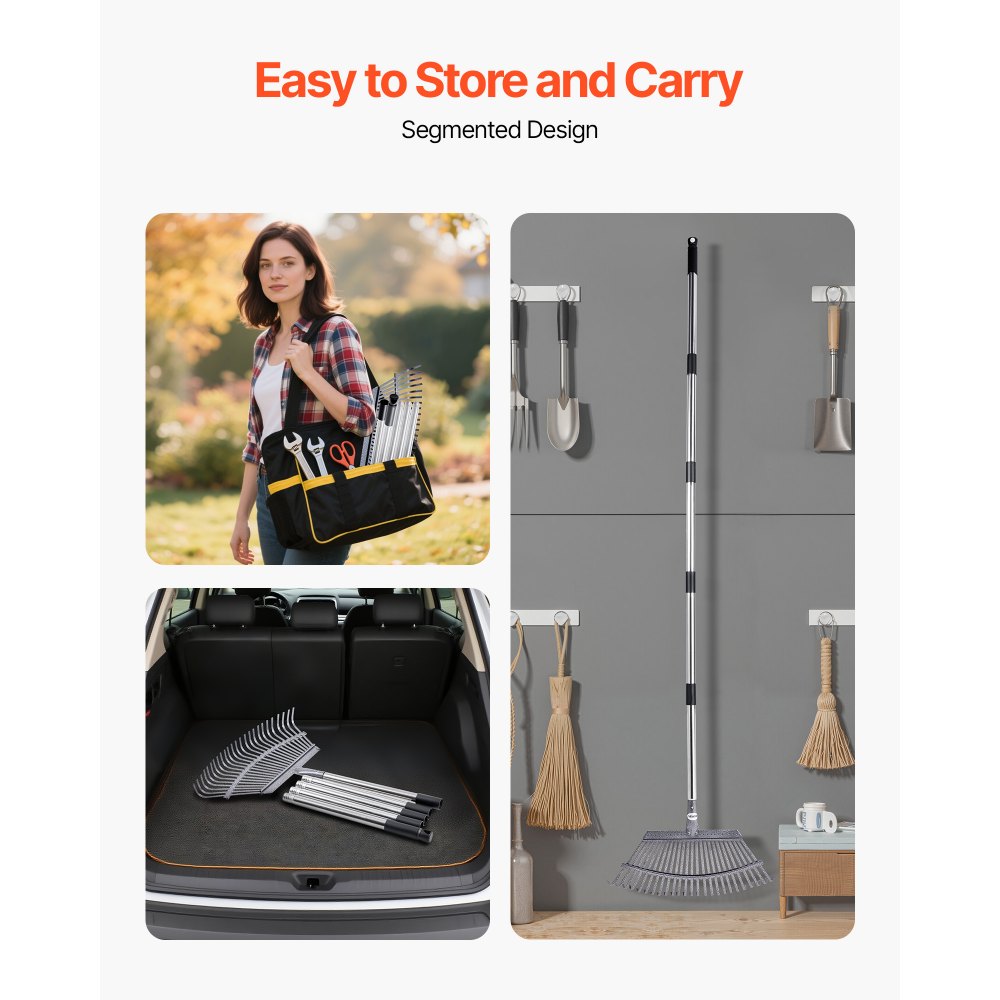 Leaf Rake Steel Garden Rake 25-Tine 92.5-185 cm Adjustable Long Handle