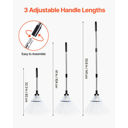 Leaf Rake Steel Garden Rake 18-Tine with 82-141 cm Adjustable Long Handle