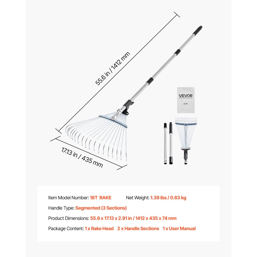 Leaf Rake Steel Garden Rake 18-Tine with 82-141 cm Adjustable Long Handle