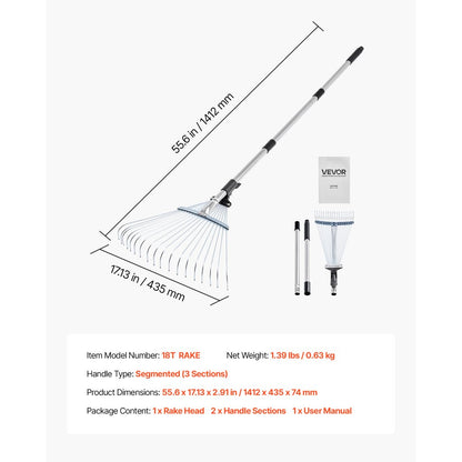 Leaf Rake Steel Garden Rake 18-Tine with 82-141 cm Adjustable Long Handle