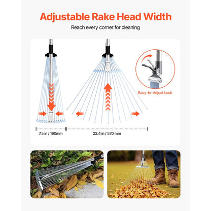 Leaf Rake Steel Garden Rake 15-Tine 81.3-160 cm Adjustable Long Handle