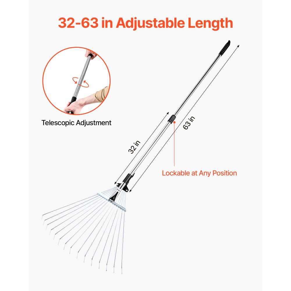Leaf Rake Steel Garden Rake 15-Tine 81.3-160 cm Adjustable Long Handle