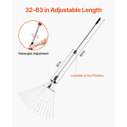 Leaf Rake Steel Garden Rake 15-Tine 81.3-160 cm Adjustable Long Handle