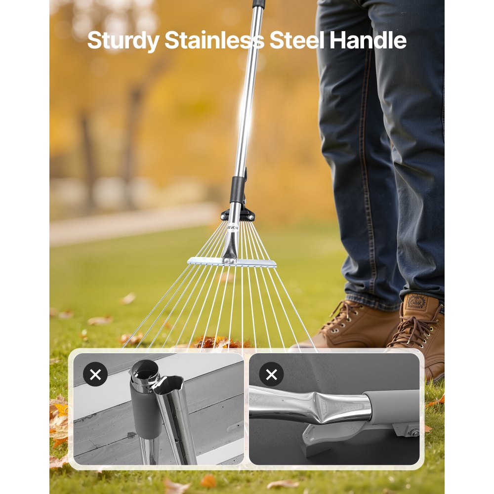 Leaf Rake Steel Garden Rake 15-Tine 81.3-160 cm Adjustable Long Handle