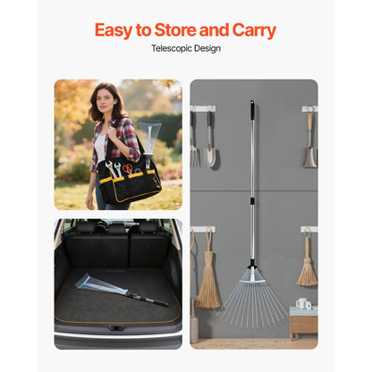 Leaf Rake Steel Garden Rake 15-Tine 81.3-160 cm Adjustable Long Handle