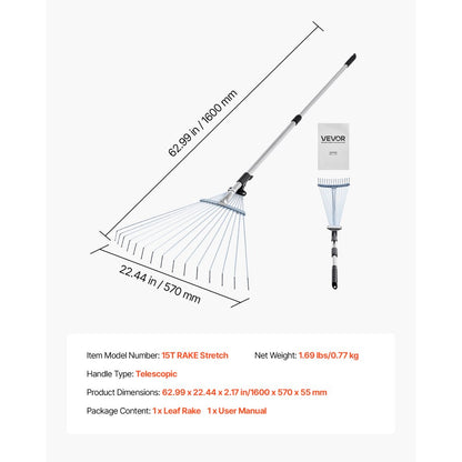 Leaf Rake Steel Garden Rake 15-Tine 81.3-160 cm Adjustable Long Handle
