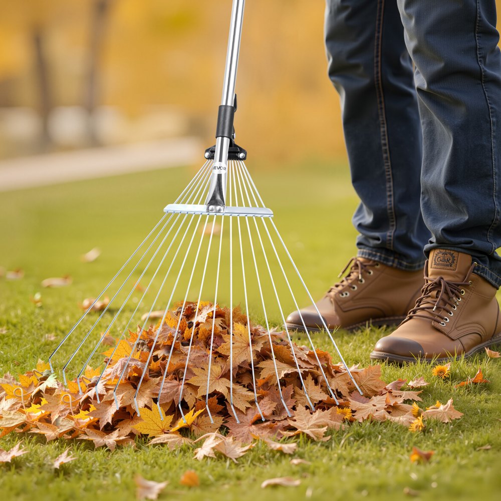 Leaf Rake Steel Garden Rake 15-Tine 81.3-160 cm Adjustable Long Handle