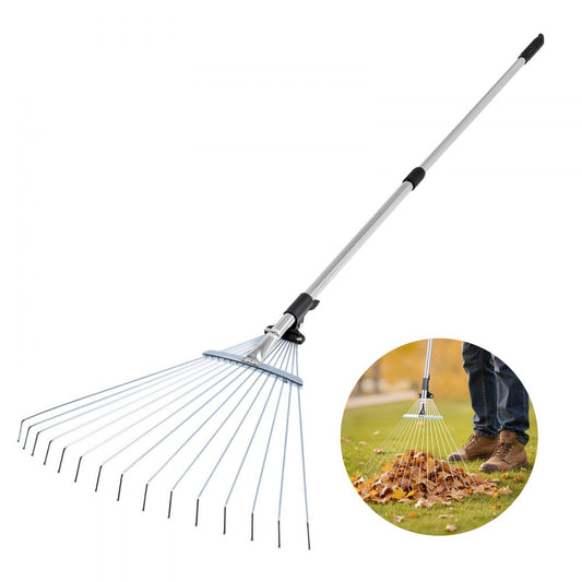Leaf Rake Steel Garden Rake 15-Tine 81.3-160 cm Adjustable Long Handle