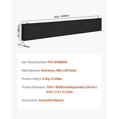 VEVOR 52x8in Programmable LED Sign Digital Scrolling Display Board P10 Fullcolor