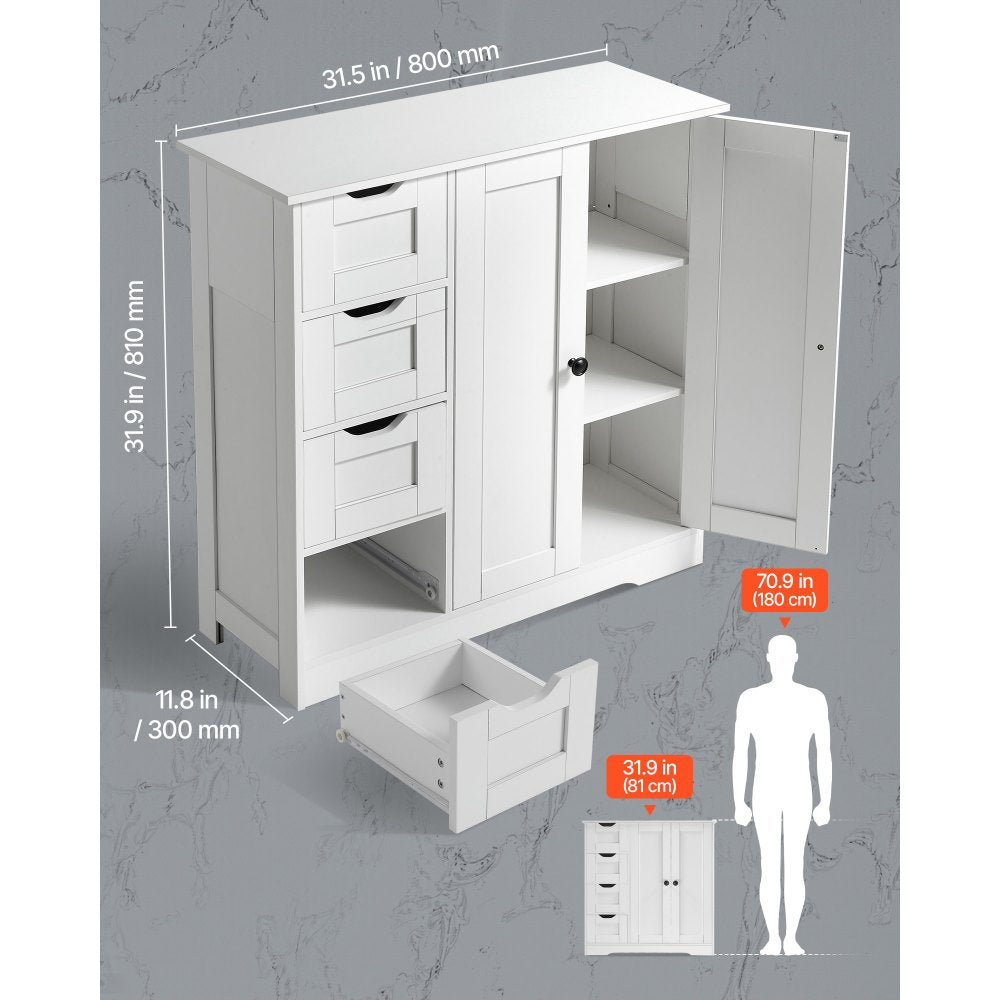 Wooden Bathroom Floor Cabinet Storage 4 Drawers and Adjustable Shelf White