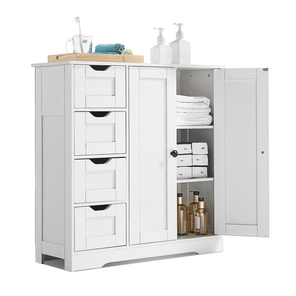 Wooden Bathroom Floor Cabinet Storage 4 Drawers and Adjustable Shelf White