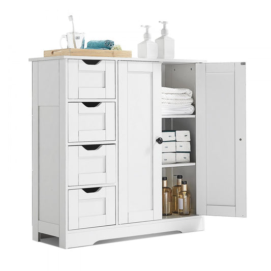 Wooden Bathroom Floor Cabinet Storage 4 Drawers and Adjustable Shelf White