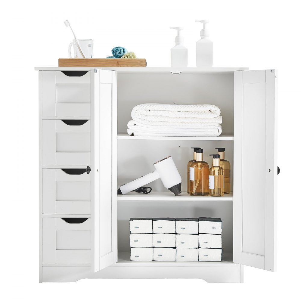 Wooden Bathroom Floor Cabinet Storage 4 Drawers and Adjustable Shelf White