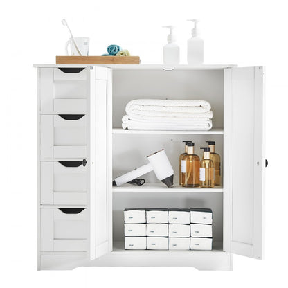 Wooden Bathroom Floor Cabinet Storage 4 Drawers and Adjustable Shelf White