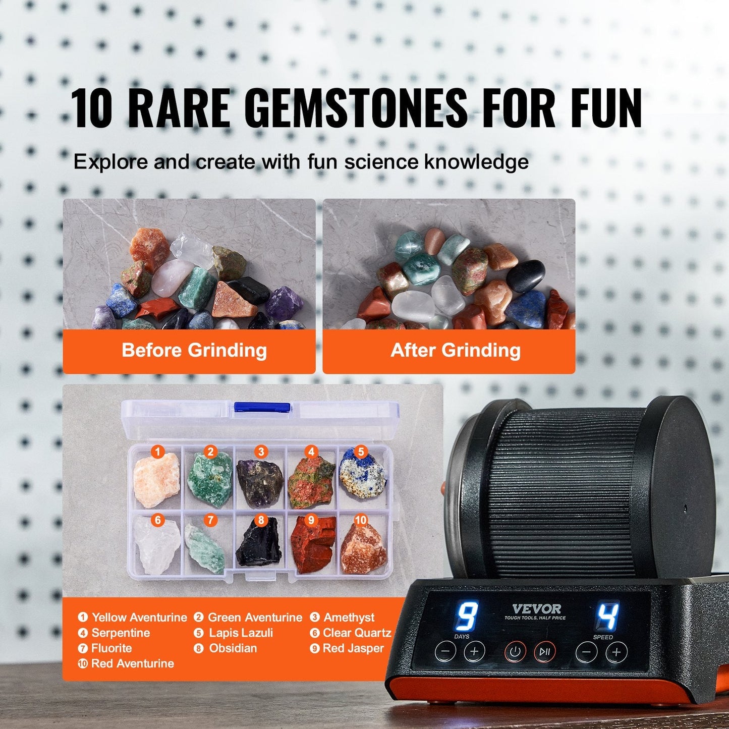 Pro Stone Tumbler Kit for Kids, 1 kg Barrel, 9-Day Timer, 4-Speed Settings