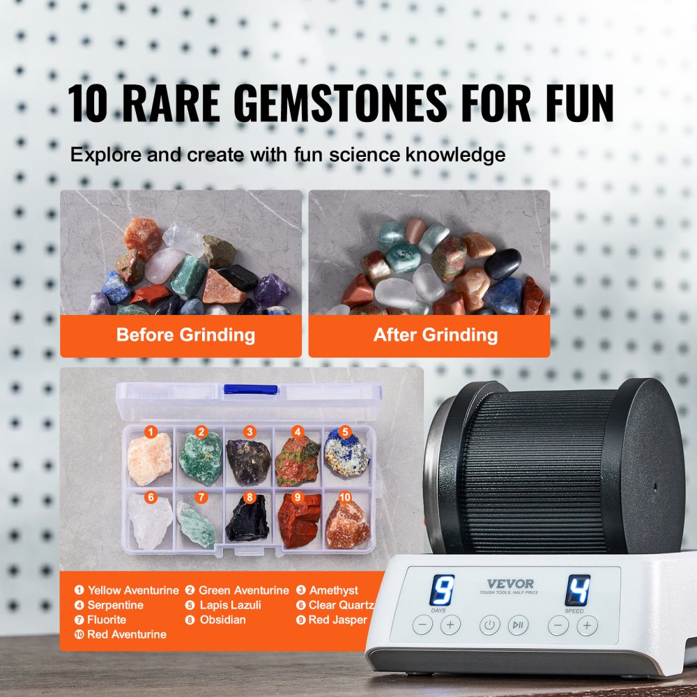 Rock Tumbler Kit, Beltless Pro Stone Tumbler for Kids, 1lb Barrel/9-Day Timer/4 Speeds, Advanced Rock Polisher includes 