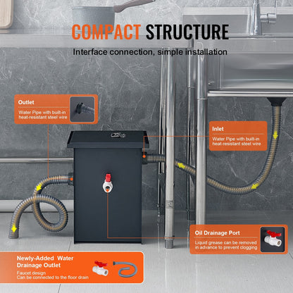 Commercial Grease Trap, 9 kg Carbon Steel, 4.6 GPM Oil-Water Separator